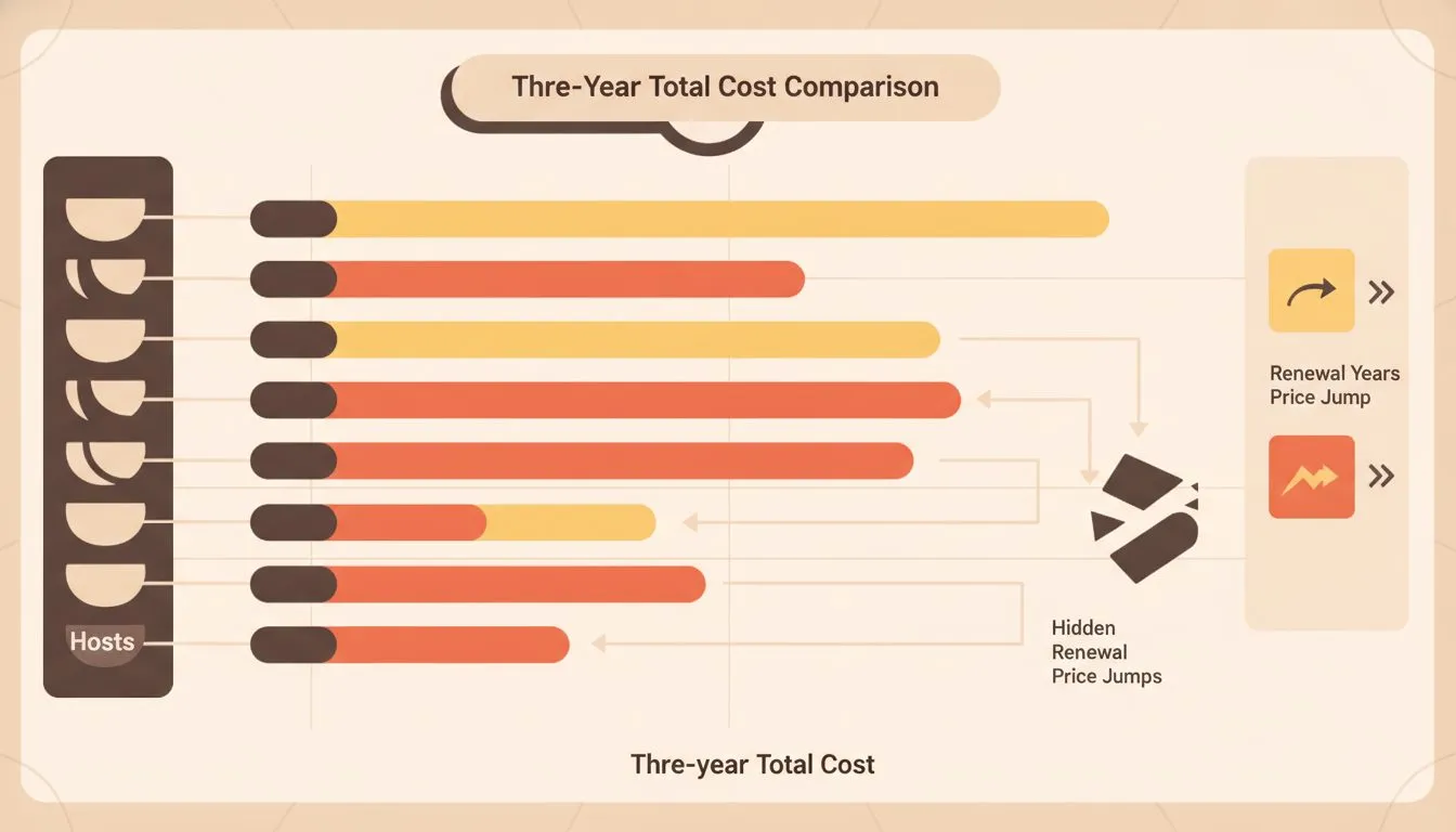 A bar chart infographic comparing the true three-year total cost for each of the eight hosts, with intro-year price and renewal years shown in contrasting colors to reveal hidden renewal price jumps