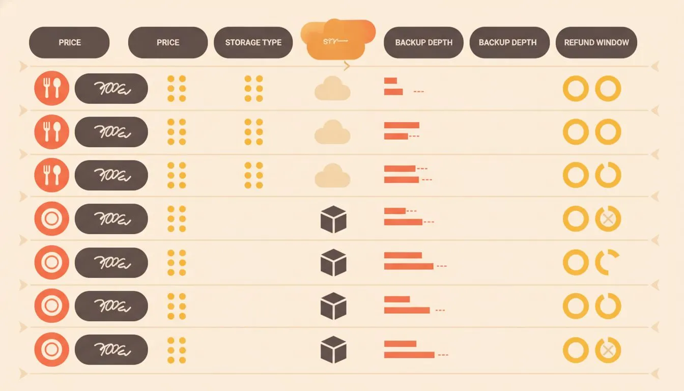 A side-by-side comparison table infographic showing all seven hosts with columns for price, storage type, backup depth, and refund window, using restaurant-themed icons (fork, plate) as row markers