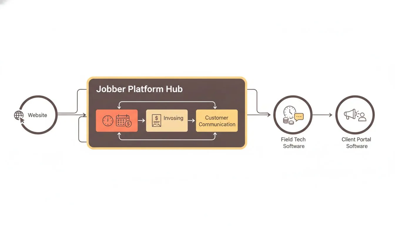 a flowchart diagram showing how Jobber's field service platform connects scheduling, invoicing, and customer communication into a single hub with the website as the customer-facing entry point, illust