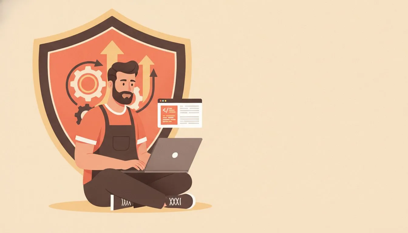 a clean illustration of a tradesperson sitting at a laptop building a website themselves, with a large shield badge labeled '90-Day Guarantee' prominently in the background, conveying confidence and i