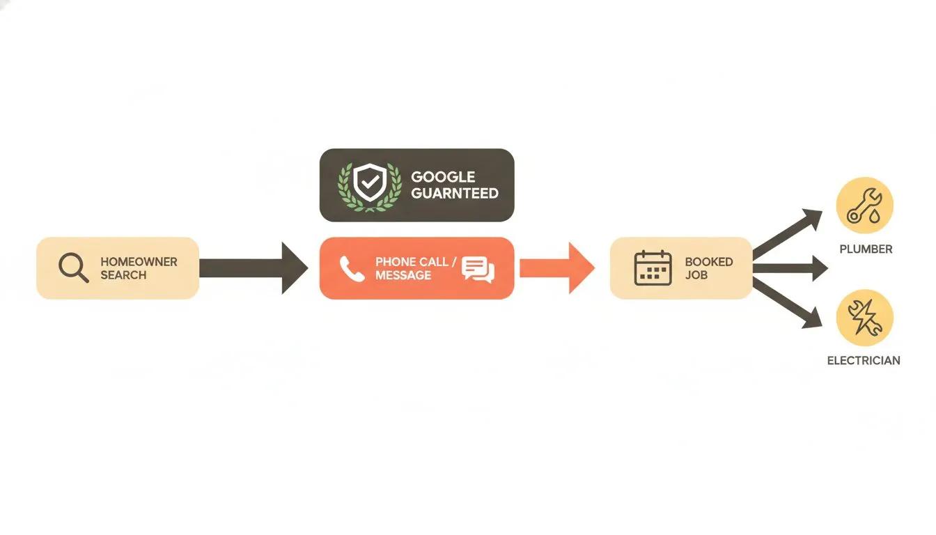 a simple diagram showing the Google Local Services Ads funnel: a homeowner searches on Google, a green 'Google Guaranteed' badge appears at the top of results, an arrow leads to a phone call or messag