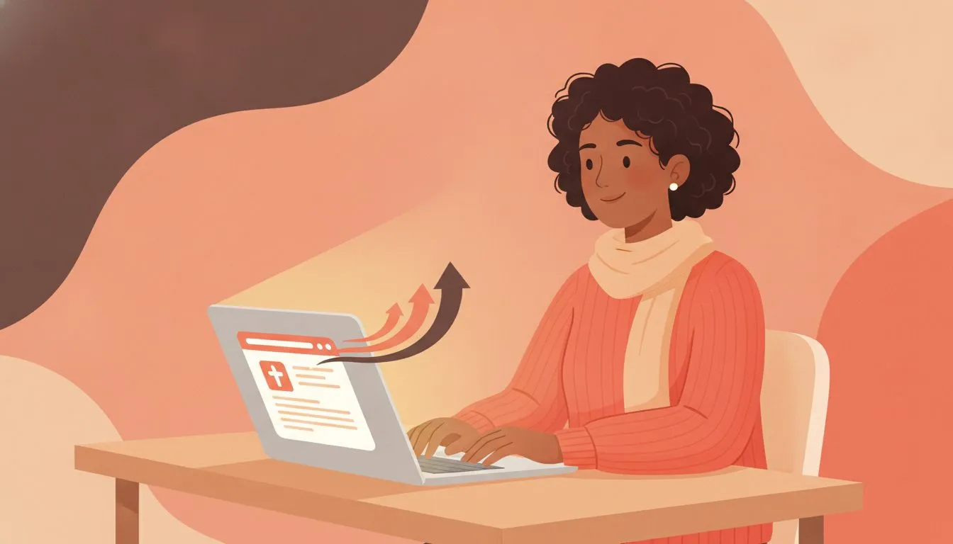 a friendly church volunteer at a laptop looking relieved, a simple website loading quickly on screen, warm and calm mood