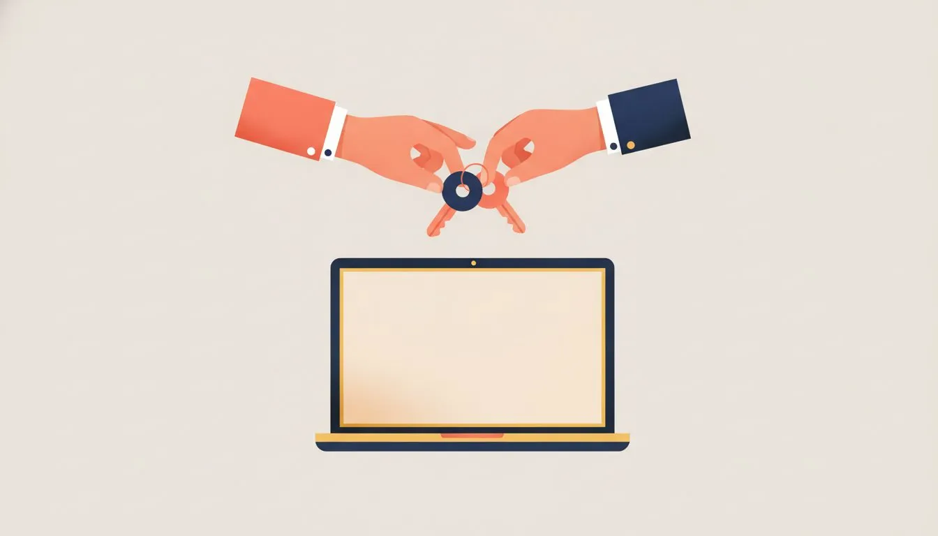 flat modern editorial vector illustration, a set of keys being handed from one pair of hands to another above a simple laptop, calm and unhurried, soft rounded shapes, generous white space, warm coral