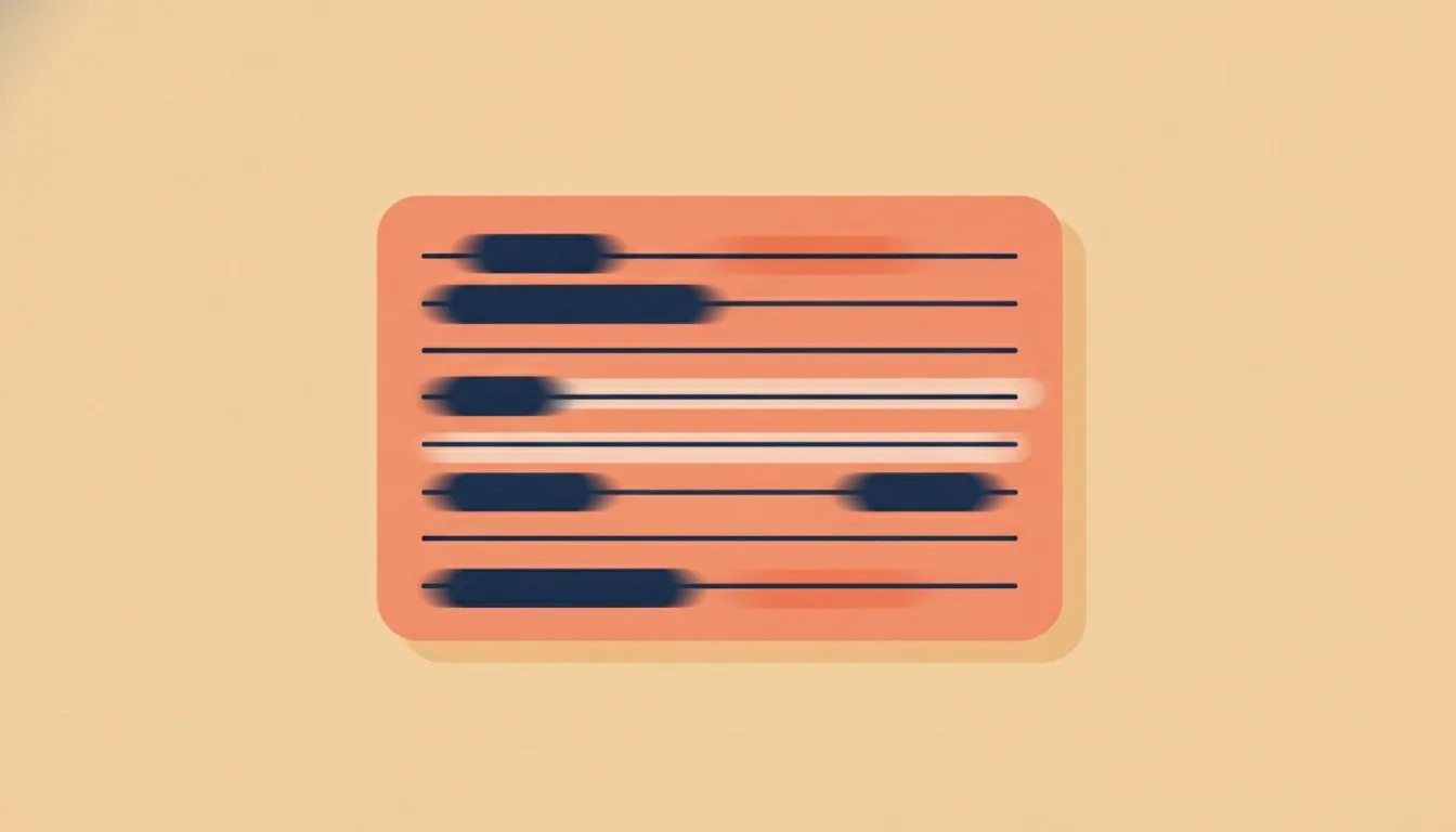 flat modern editorial vector illustration, a simple record card with several lines, most of them blurred or blocked out and two or three left clearly visible, calm and uncluttered, soft rounded shapes