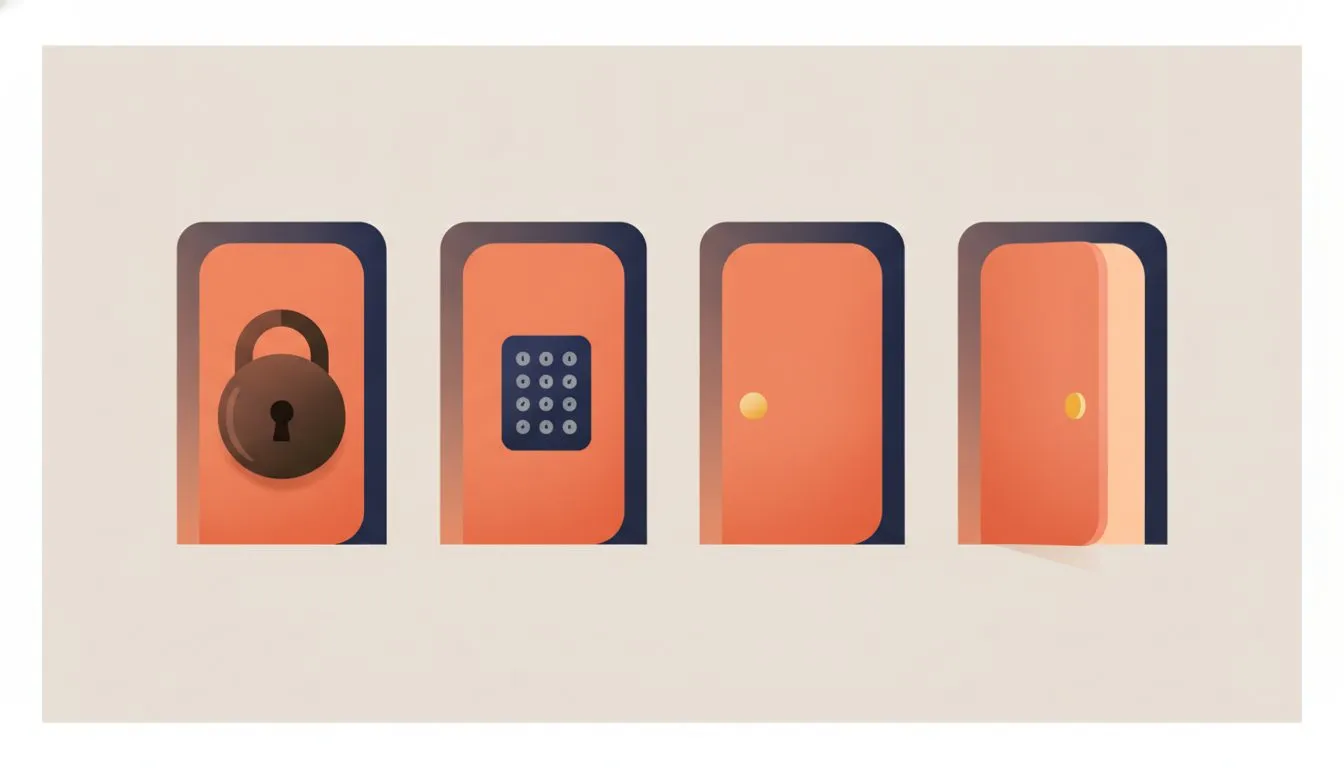 flat modern editorial vector illustration, several simple doorways side by side, each with a different style of lock or no lock at all, suggesting different rules in different places, soft rounded sha