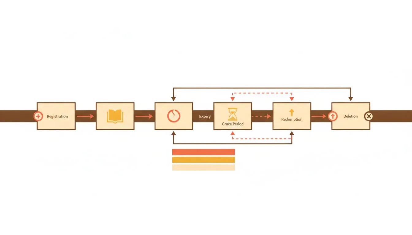 a clean horizontal timeline showing the six stages of a domain lifecycle, from registration through active use, expiry, grace period, redemption, and deletion