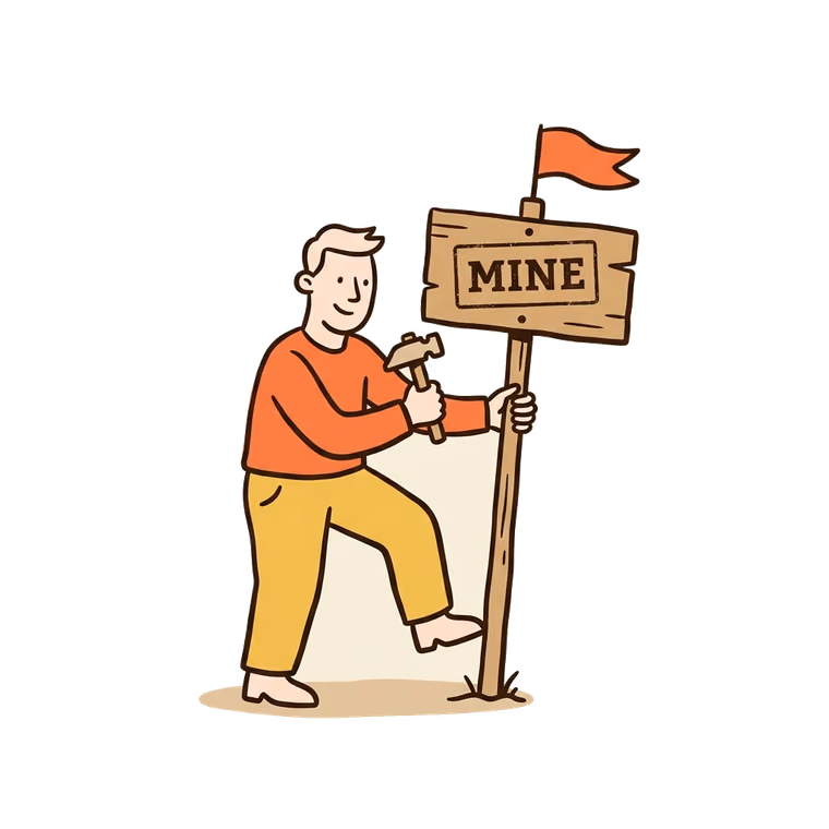 Hand-drawn character hammering a wooden MINE sign into the ground - the domain, claimed for good
