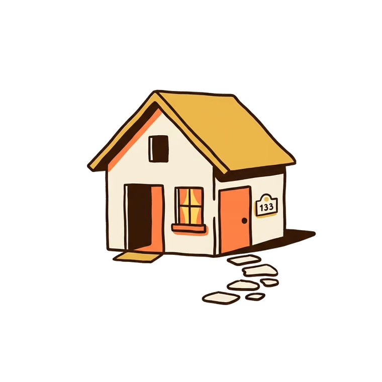 Hand-drawn cottage with a coral door and its own address plate - a name with a home