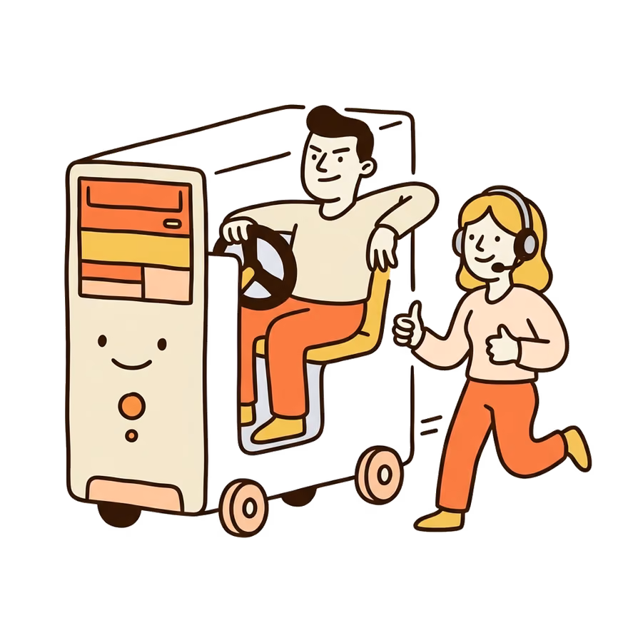 Hand-drawn character driving a friendly server tower on wheels while a support teammate with a headset runs alongside giving a thumbs up