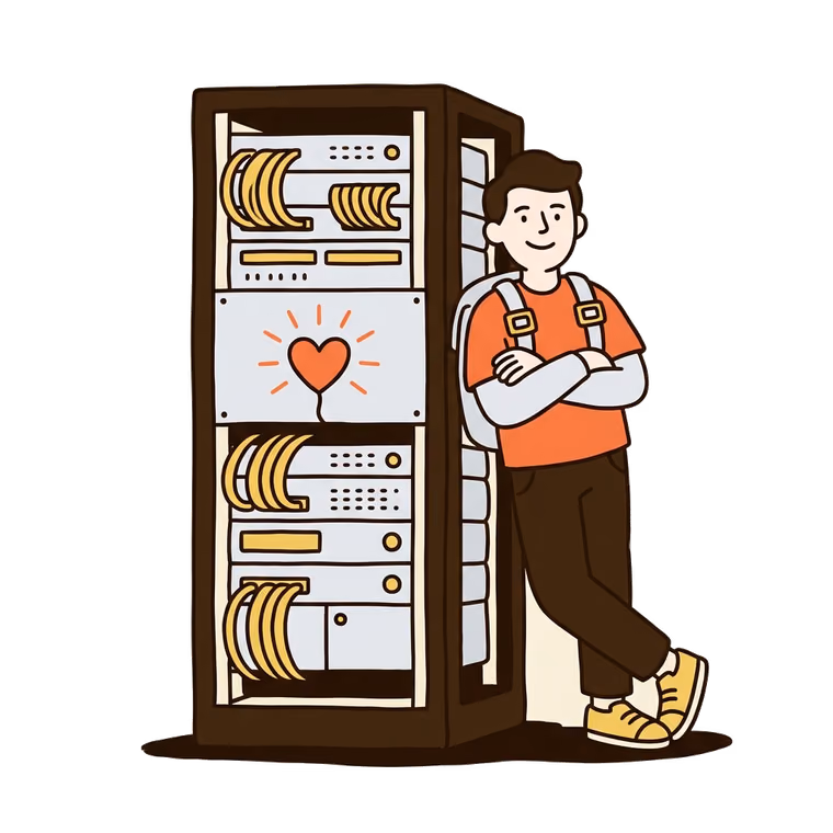 Hand-drawn character leaning against a tall server rack with a glowing heart panel, relaxed and in charge