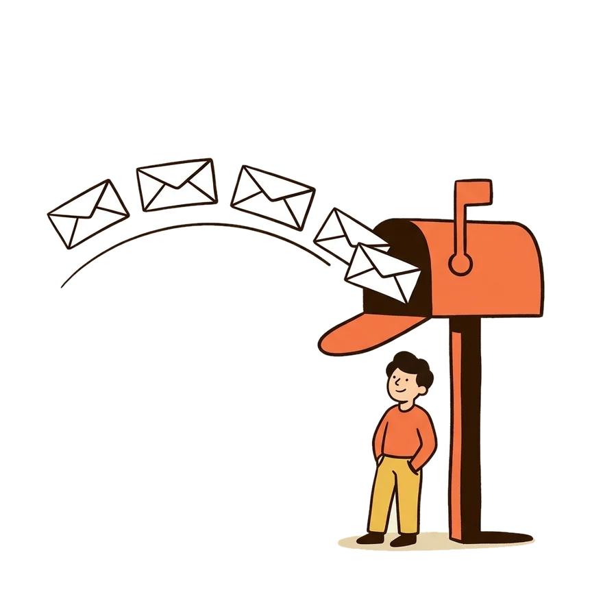 Illustration: envelopes flying in a smooth arc into a coral mailbox while a relaxed customer watches