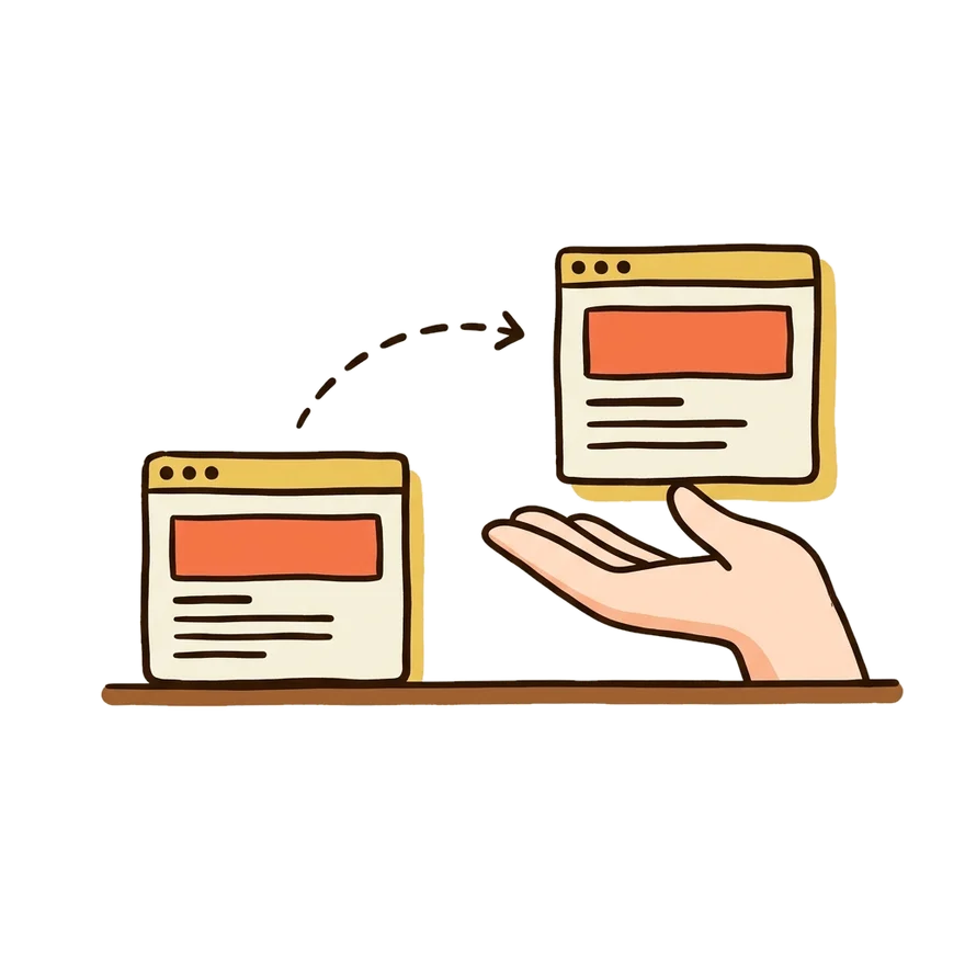 Illustration: a copy of a website held safely in an open hand while the original stays on solid ground