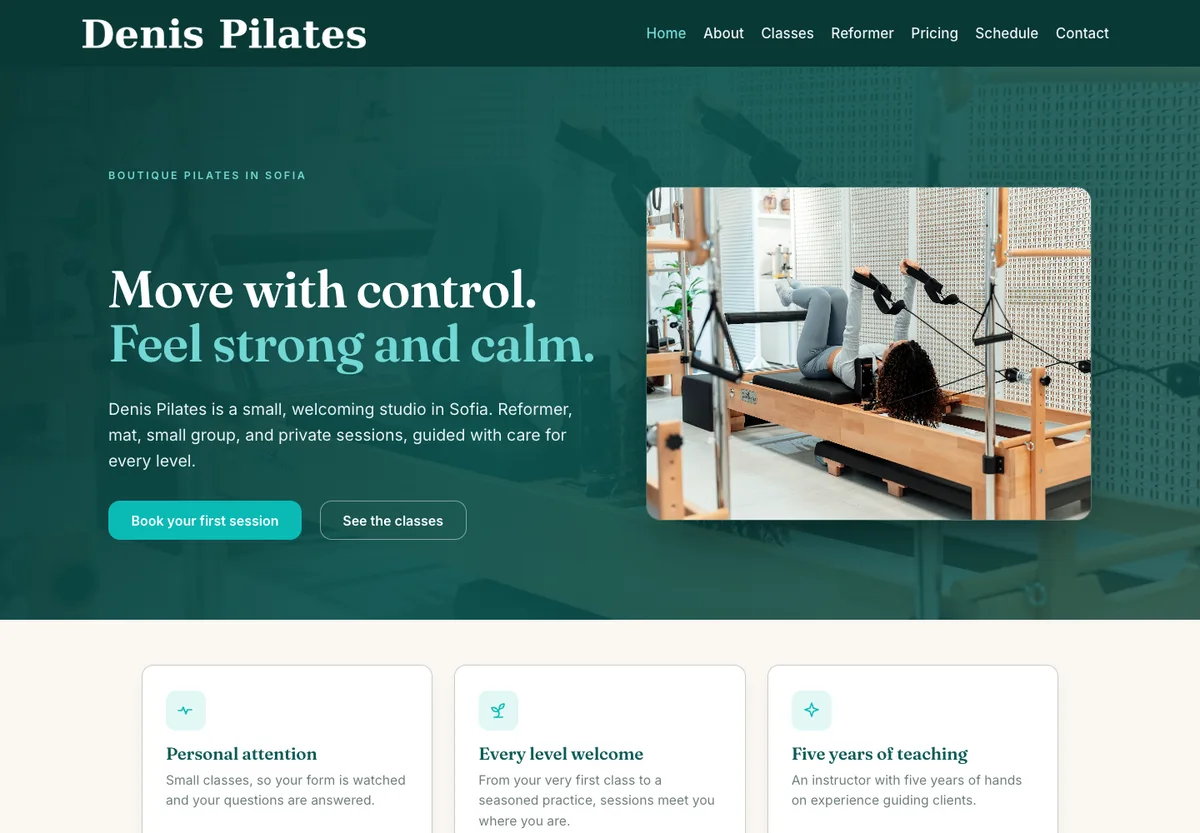 Denis Pilates - deep green boutique pilates studio site
