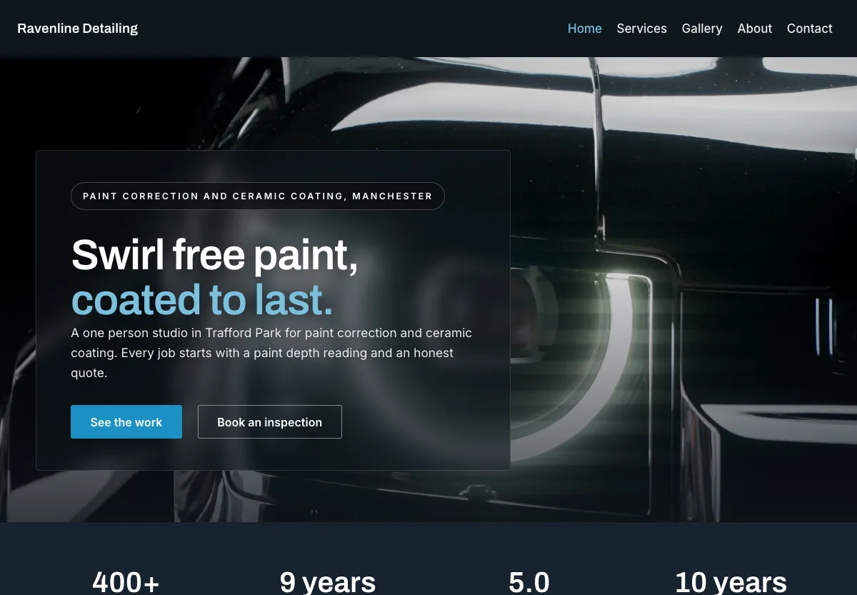 Ravenline Detailing - trades & services preview site built by the Flashcloud team