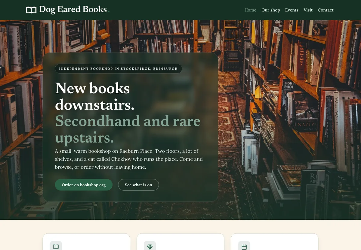 Dog Eared Books - cosy independent bookshop site with shelf photography