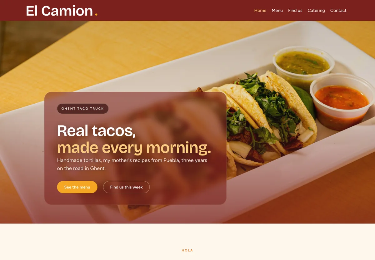 El Camion - taco truck site with a vivid red hero and fresh food photography