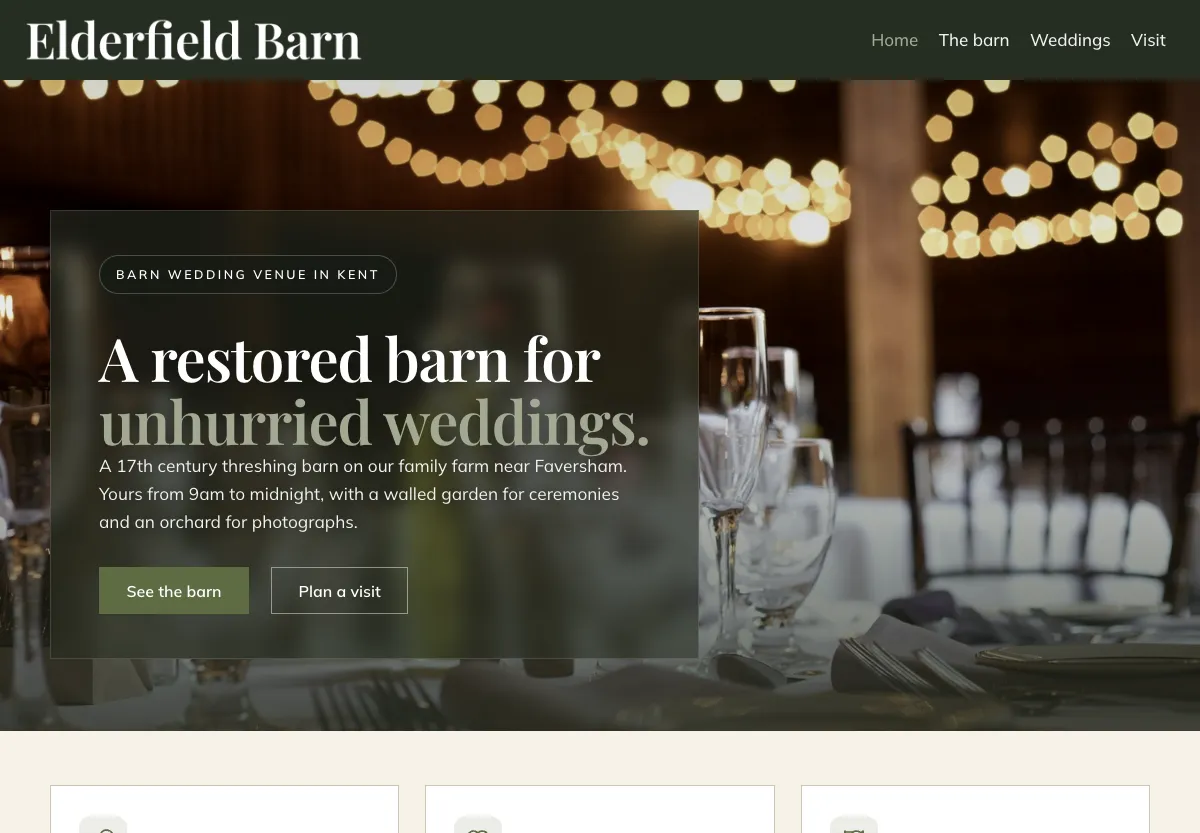 Elderfield Barn - events & venues preview site built by the Flashcloud team