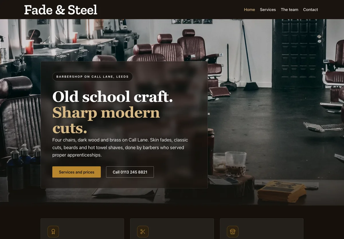 Fade & Steel - moody dark barbershop site with service pricing