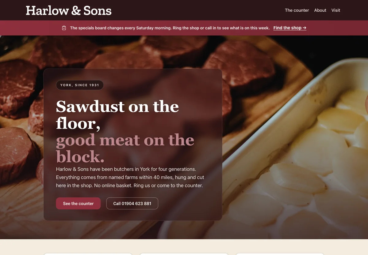 Harlow & Sons - traditional butcher site with deep red masthead