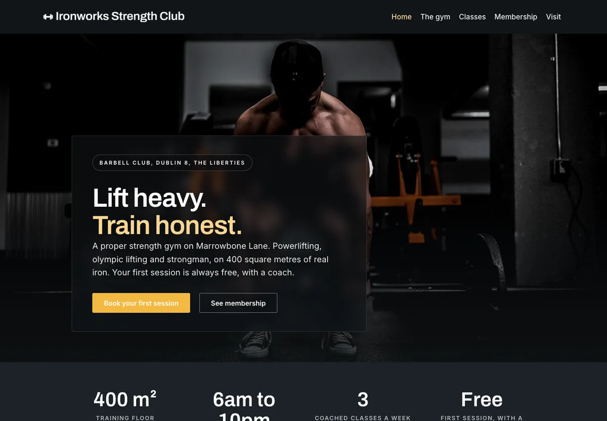 Ironworks Strength Club - high-contrast dark gym site