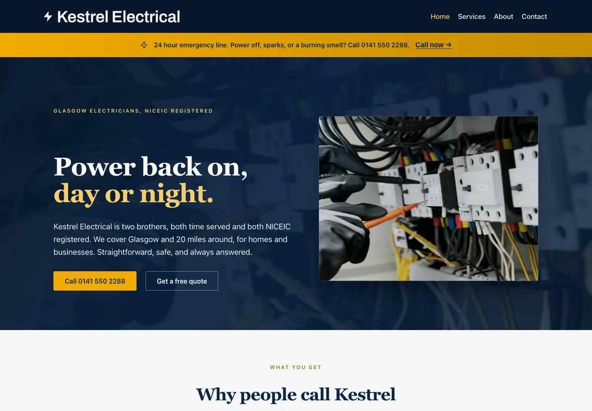 Kestrel Electrical - navy and yellow electrician site with day-and-night callout