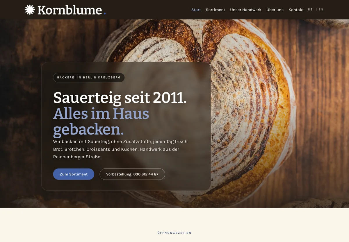 Kornblume - German-language Berlin bakery site with a sourdough hero
