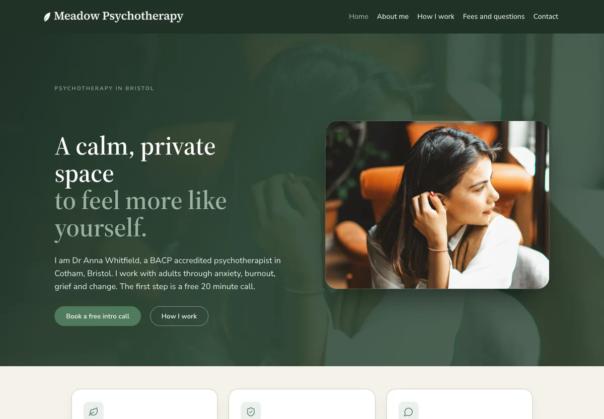 Meadow Psychotherapy - calm private-practice site with soft portraits