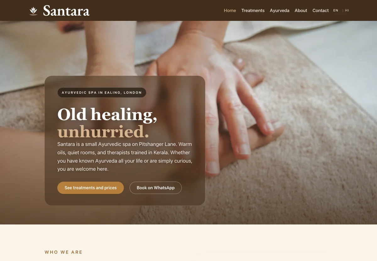Santara - earthy Ayurvedic spa site with warm photography