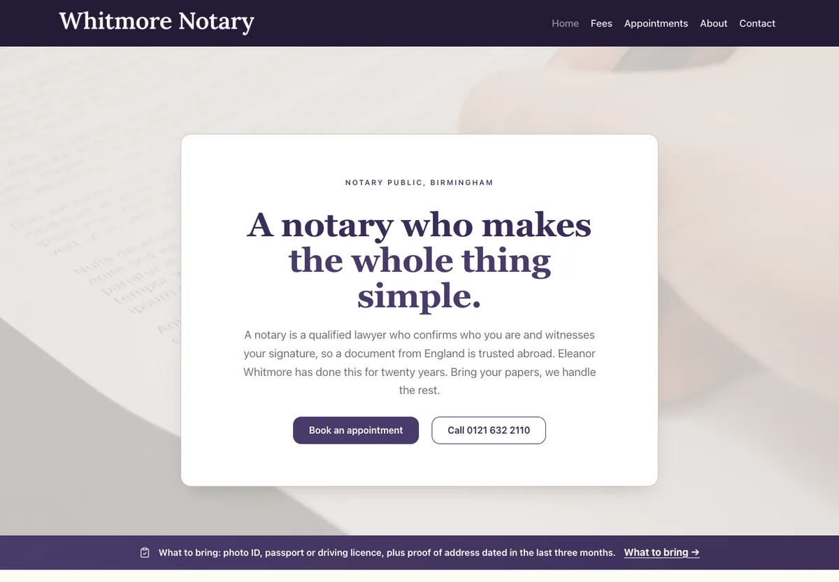 Whitmore Notary - crisp violet notary site with booking