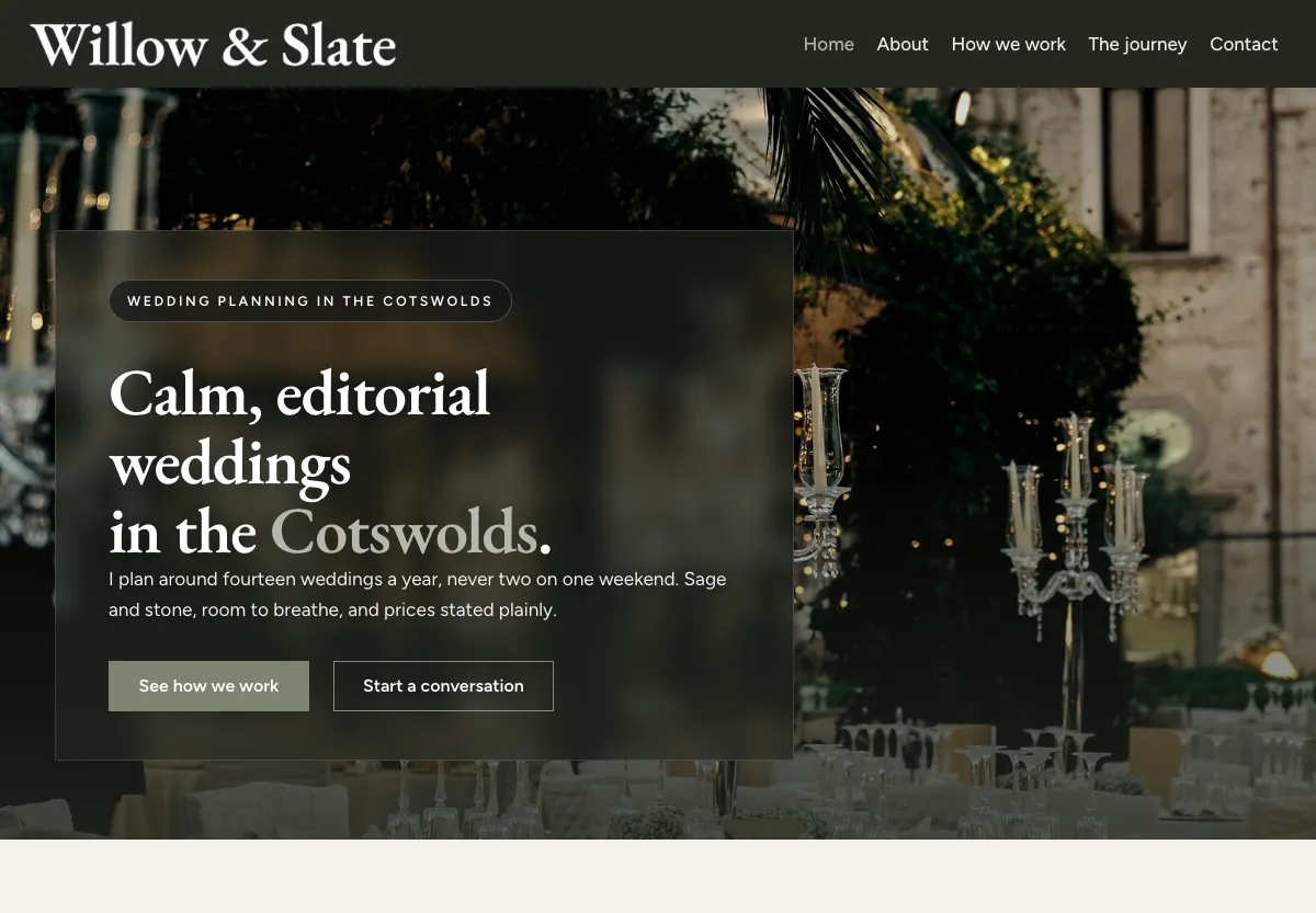 Willow & Slate - weddings & photography preview site built by the Flashcloud team