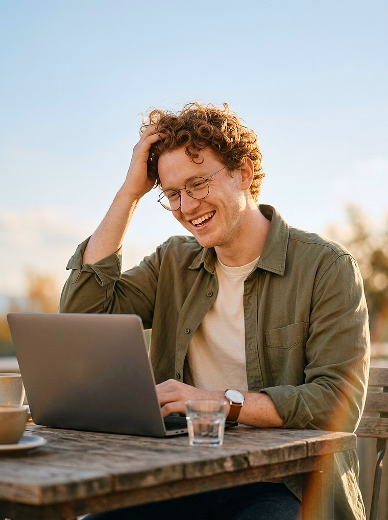 Young man with red curly hair and glasses laughing at his laptop at an outdoor table