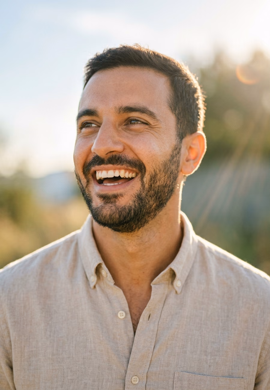 Smiling man in a linen shirt outdoors