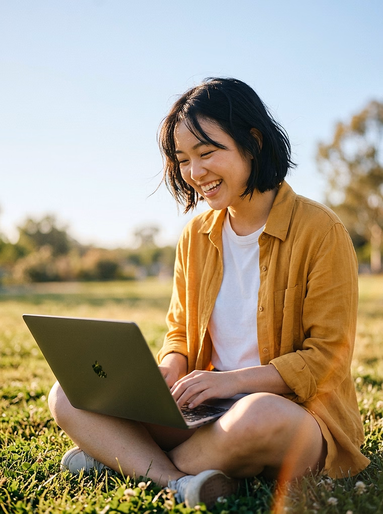 Young woman with a short bob laughing at her laptop while sitting on the grass