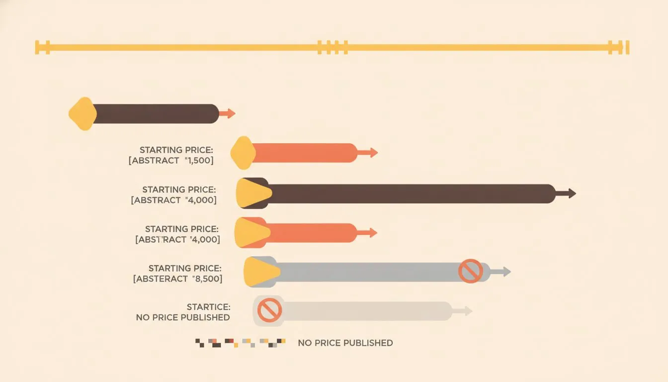 a horizontal price-range chart comparing five web design firms, showing widely different starting prices from $1,500 to $12,000, with several firms greyed out and labeled 'no price published'