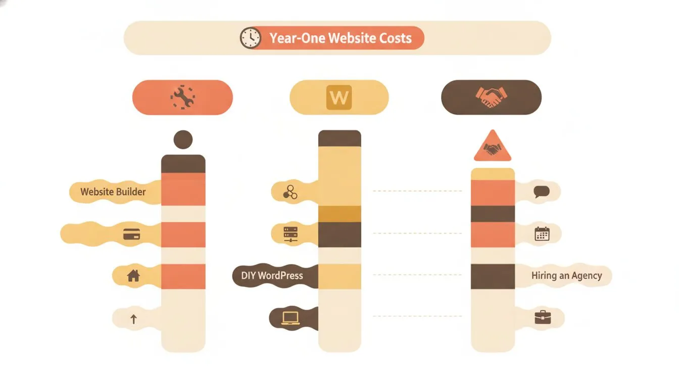 a clean stacked bar chart comparing year-one website costs across three routes - website builder, DIY WordPress, and hiring an agency - with labelled cost bands and small icons for each route