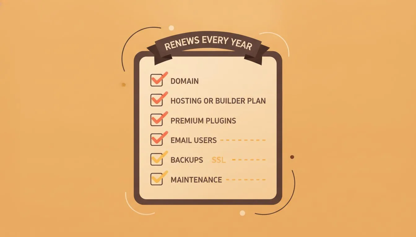 a clean checklist graphic titled 'Renews every year' listing domain, hosting or builder plan, premium plugins, email users, SSL (on some plans), backups (on some plans), and maintenance, with tick box