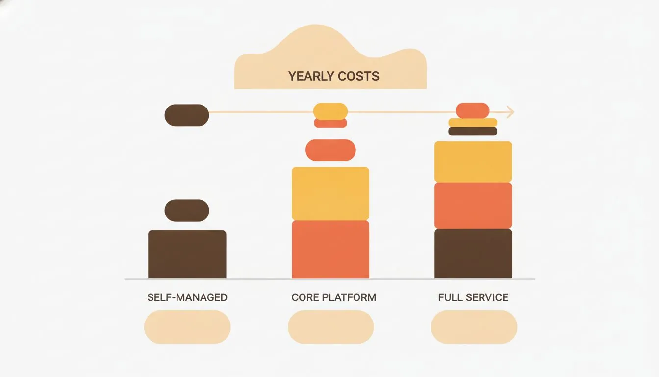 a simple stacked bar chart comparing yearly website running costs for three budgets, self-managed WordPress about $134, Squarespace Core about $216 to $224, and a maintained site about $722 to $3,134,