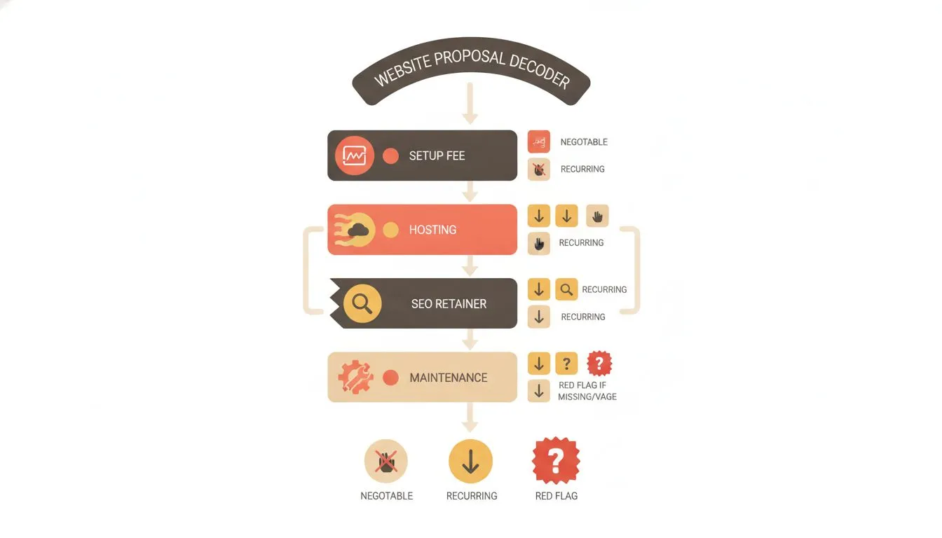 A visual checklist or 'quote decoder' graphic showing a sample website proposal broken into labelled line items — setup fee, hosting, SEO retainer, maintenance — with icons flagging which items are ne