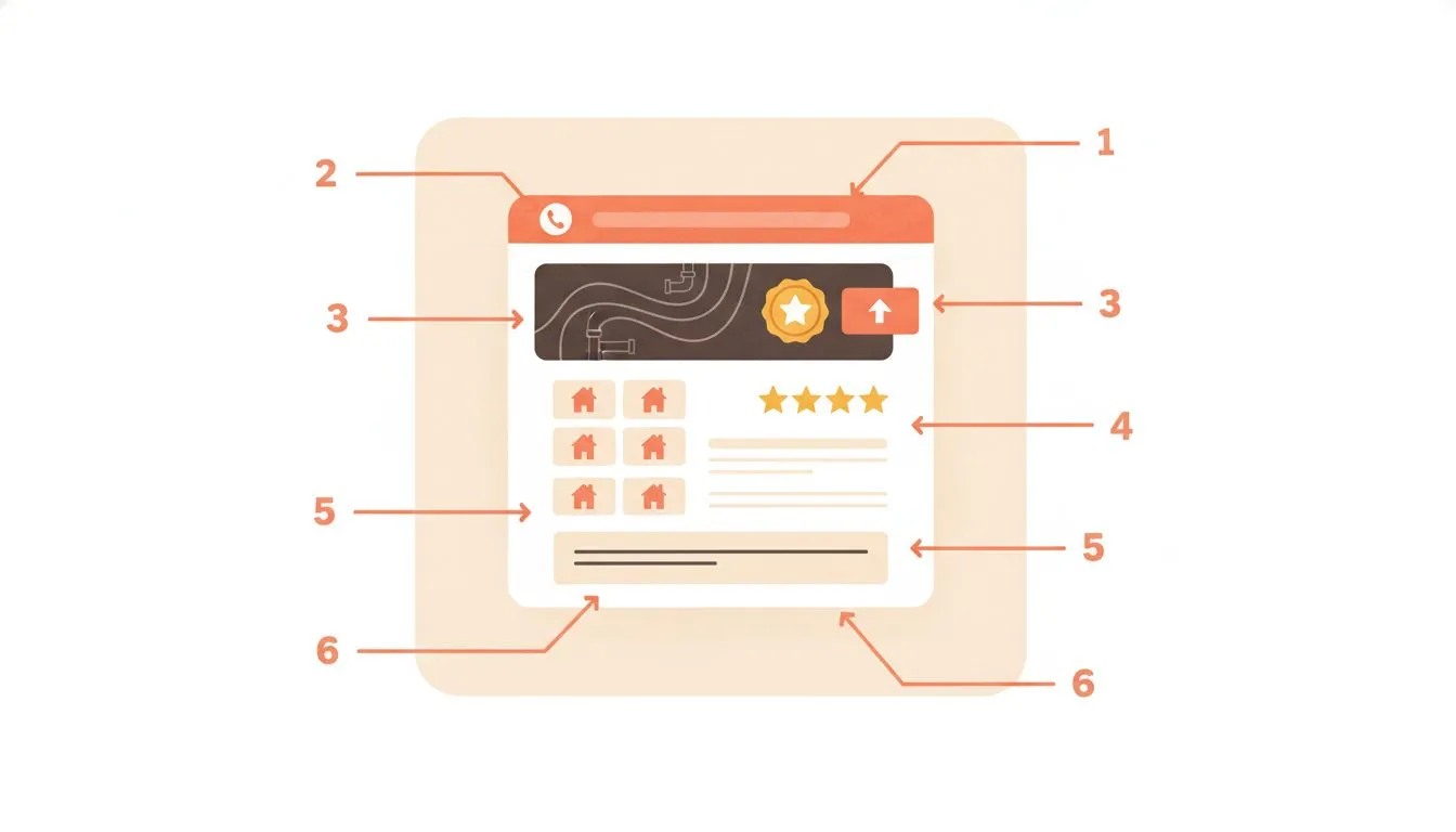 A clean annotated screenshot-style illustration of an ideal plumber or electrician website homepage, with callout arrows pointing to key must-have elements: phone number in the header, service area me