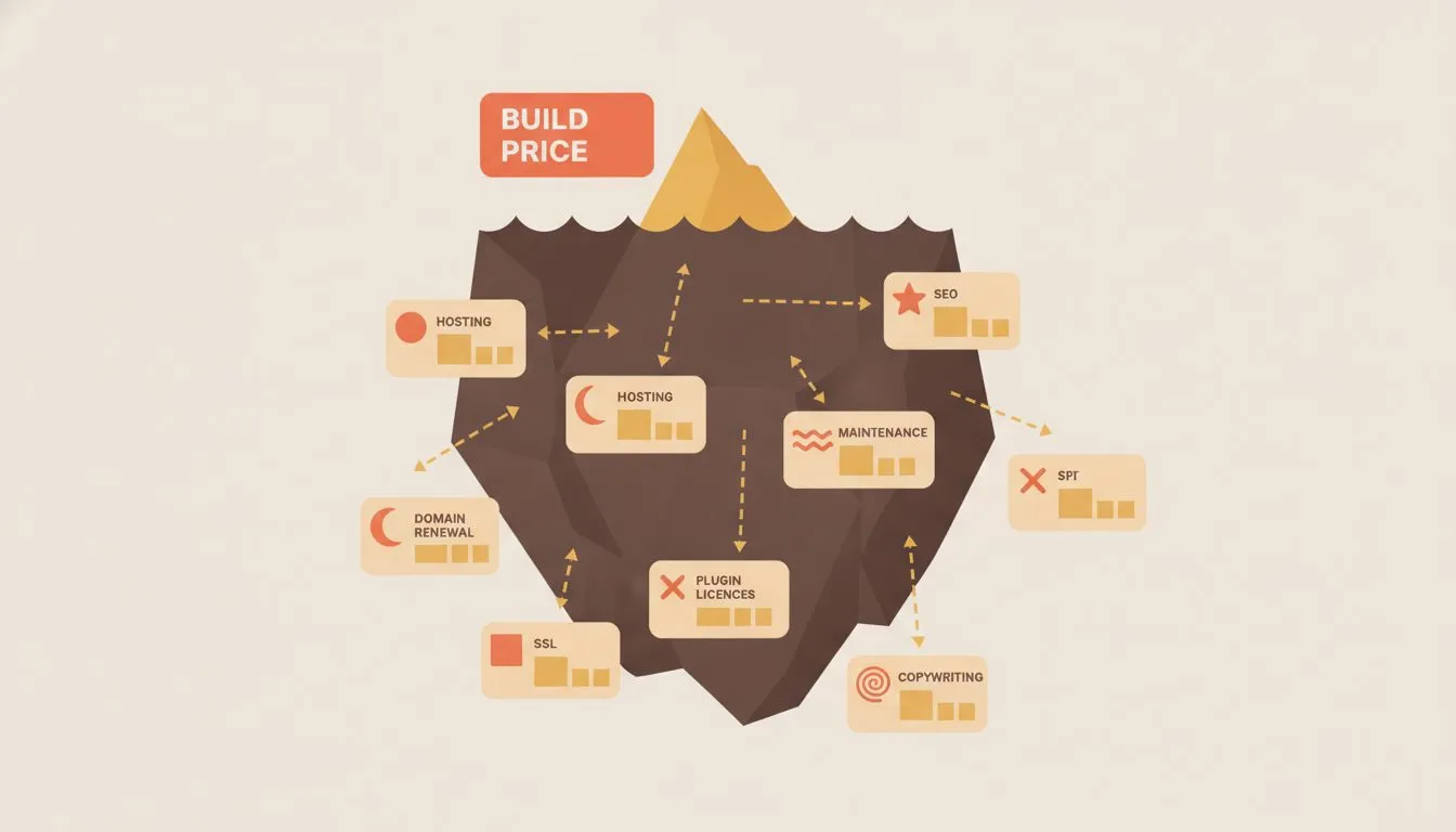 An iceberg diagram where the visible tip above water shows the one-time 'build price,' while the larger submerged portion reveals hidden ongoing costs: hosting, domain renewal, SSL, SEO, maintenance,