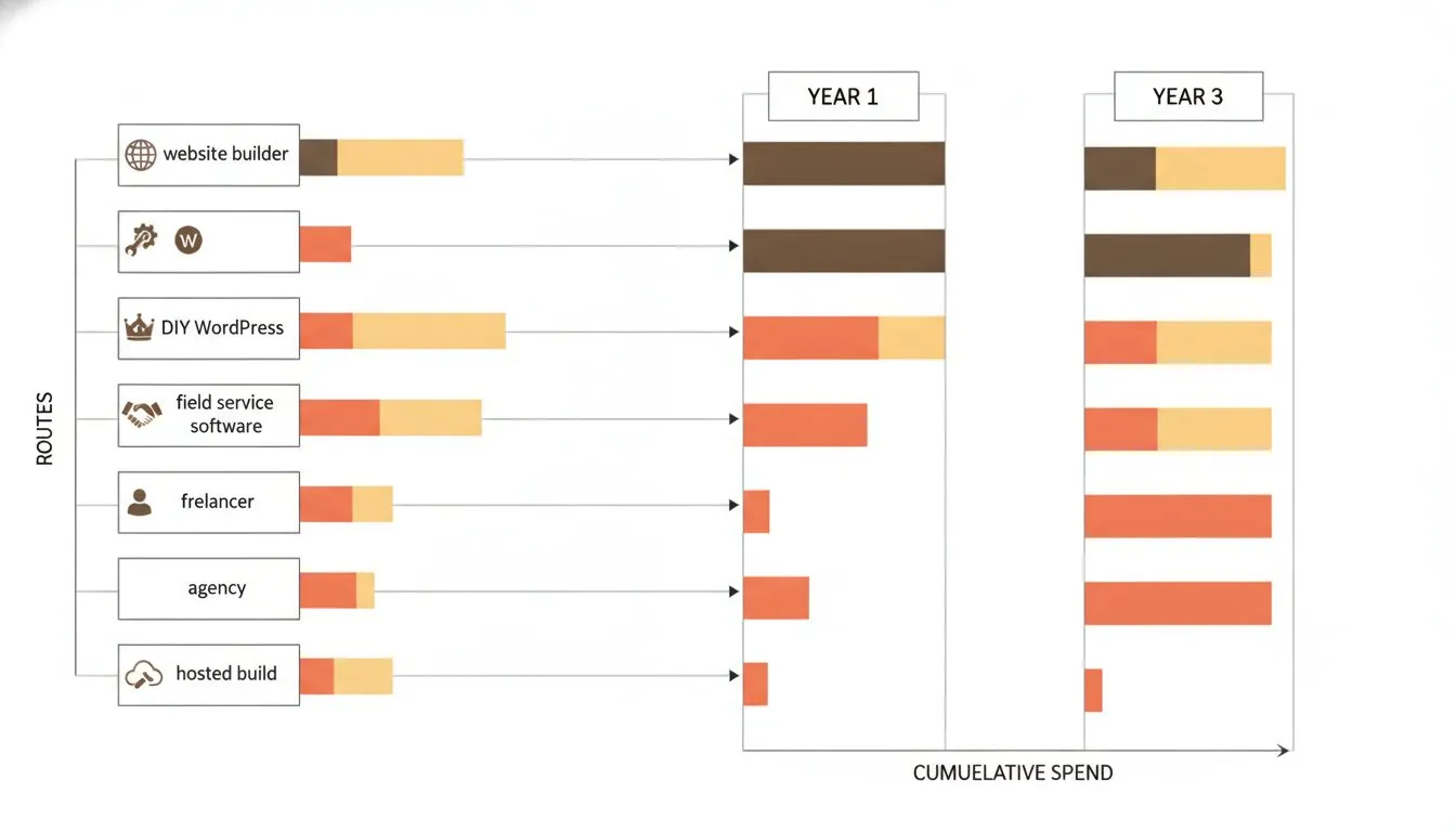 A side-by-side three-year total cost comparison table or grouped bar chart for each of the six routes (website builder, DIY WordPress, field service software, freelancer, agency, hosted build), showin