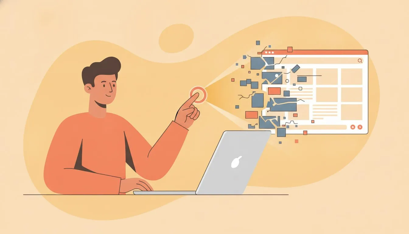 a calm illustration of a person clicking a restore button on a laptop, a broken website transforming back into a healthy one