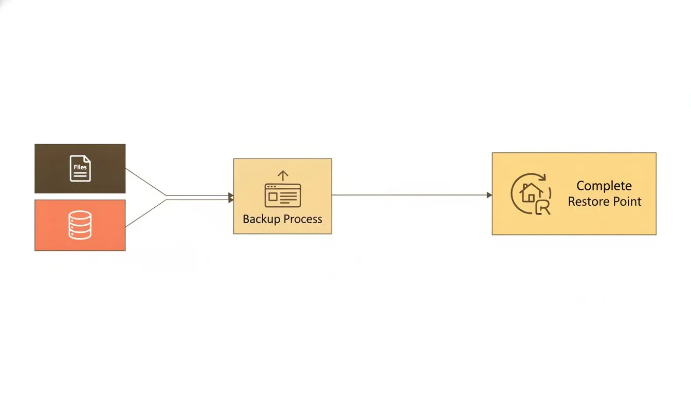 a clean diagram showing the two halves of a WordPress backup, files on one side and database on the other, joining into a single complete restore point