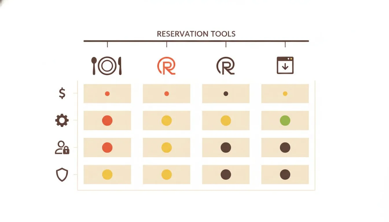 a side-by-side comparison diagram of three popular reservation tools (e.g., OpenTable, Resy, a direct embed) arranged in columns with rows showing cost, setup complexity, guest data ownership, and no-