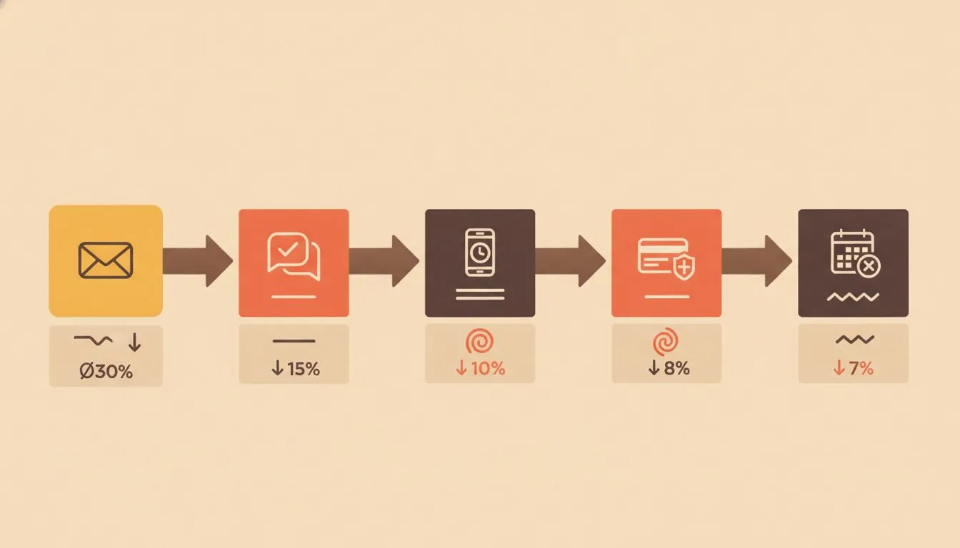 an infographic illustrating a booking funnel with no-show prevention steps: confirmation email, 48-hour SMS reminder, credit card hold option, and cancellation window policy — shown as a horizontal ti