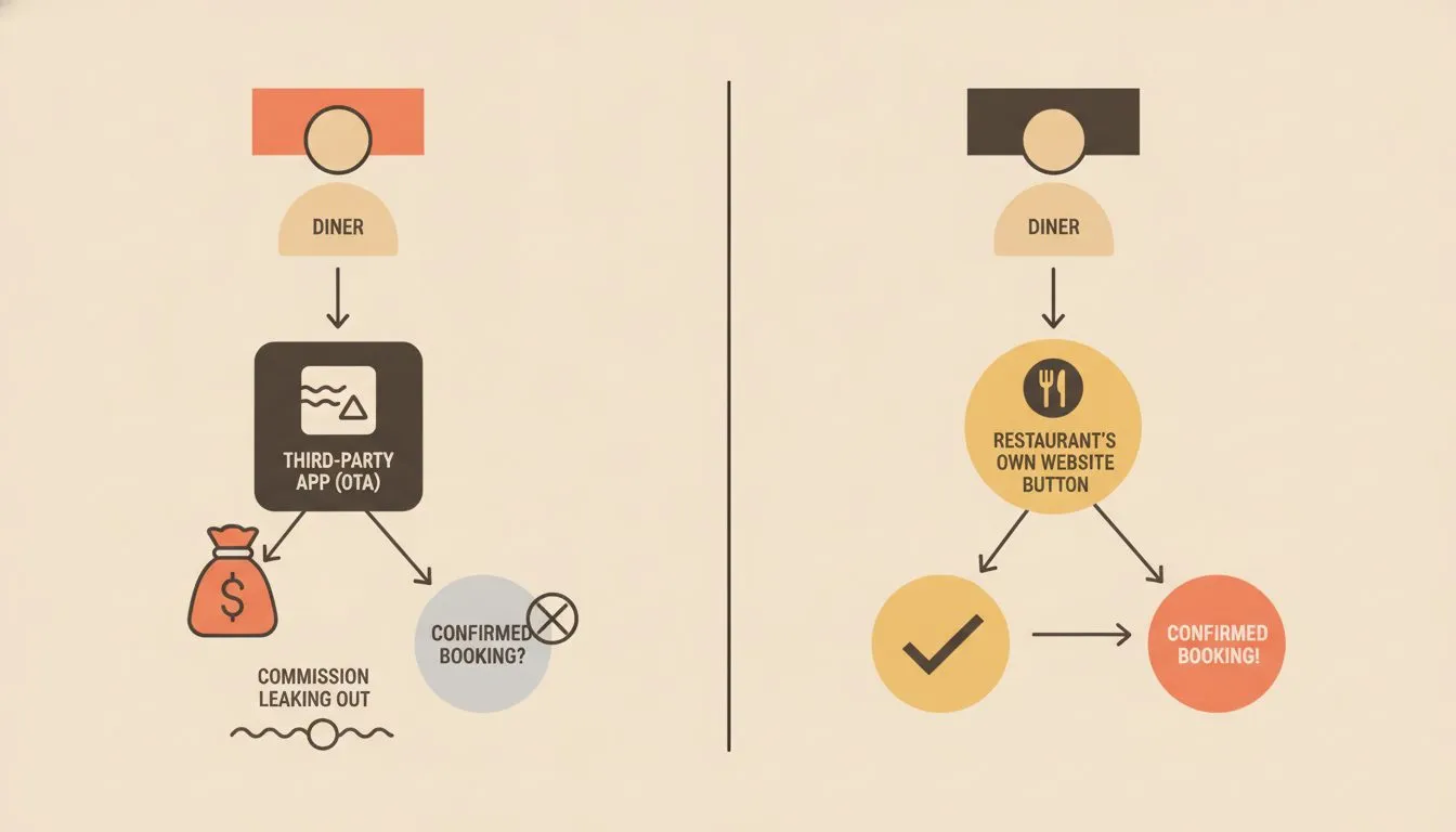 a split comparison infographic showing two paths: left side shows a diner tapping a third-party app (OTA) with a commission dollar sign leaking out, right side shows a diner tapping directly on a rest