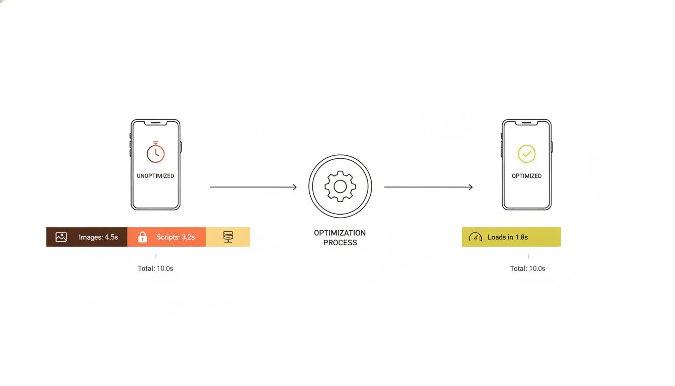 a vertical mobile phone diagram showing a page-load timeline bar broken into segments — unoptimized images, render-blocking scripts, slow server — each segment labeled with its delay in seconds, then 