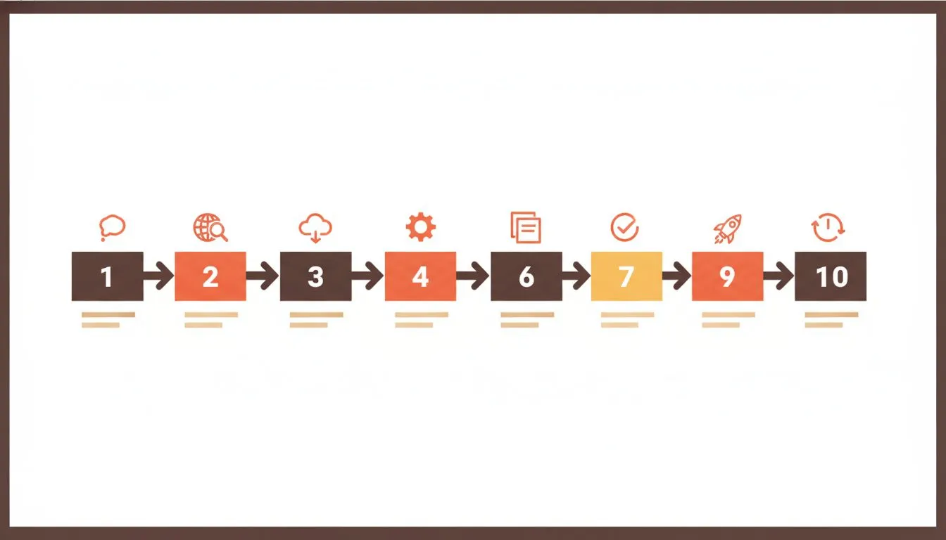 a clean horizontal flow diagram showing ten numbered steps to build a website, from 'decide purpose' through 'domain', 'hosting', 'platform', 'set up', 'pages', 'design', 'essentials', 'launch check',