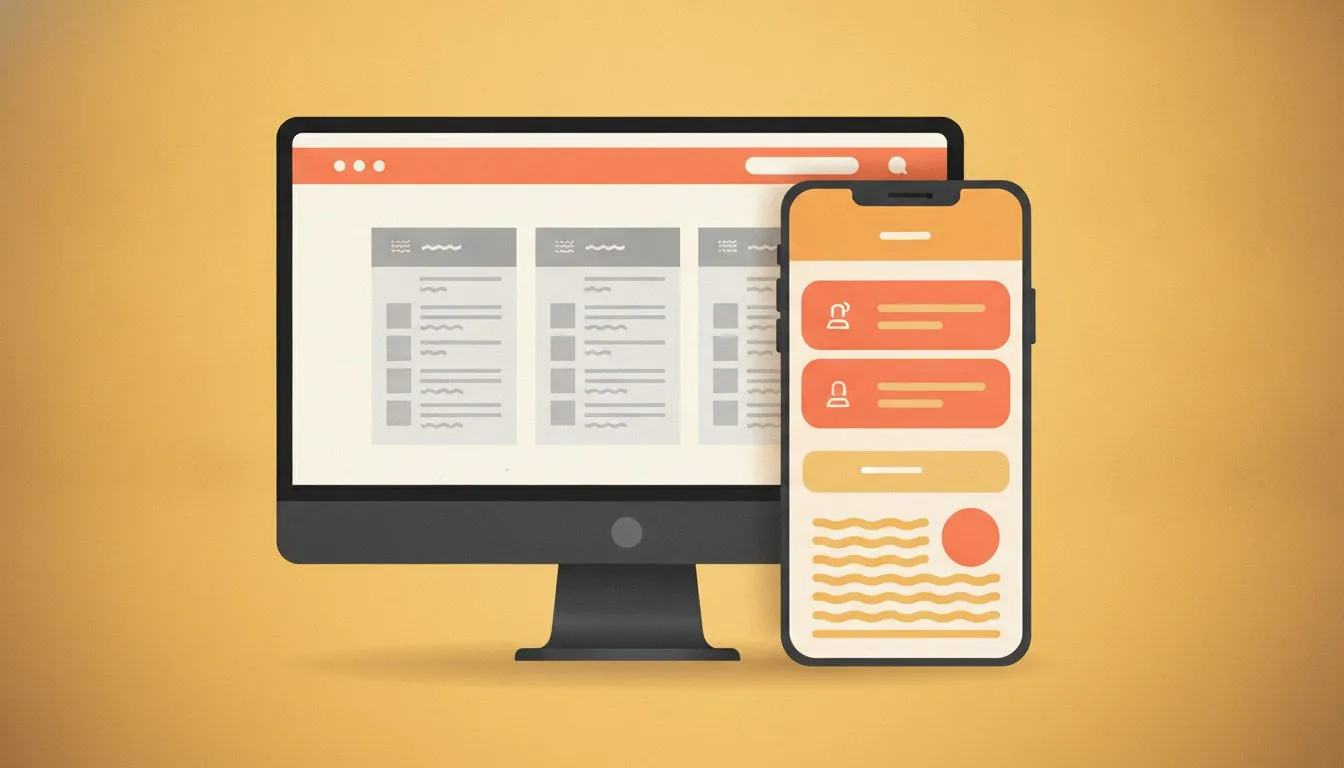 a side-by-side comparison of the same website shown on a desktop monitor and a smartphone, with the phone version clearly prioritized and readable, showing large tappable buttons and clear text