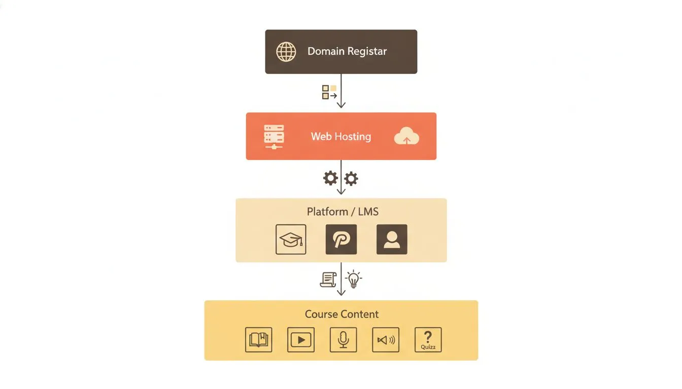 A layered architecture diagram showing the relationship between domain registrar at the top, web hosting beneath it, then the platform or LMS layer, and finally the course content at the base — connec